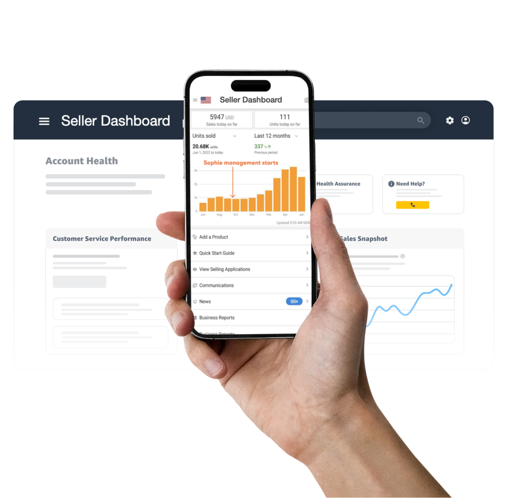 Seller dashboard showing sales growth after Sophie Society management started